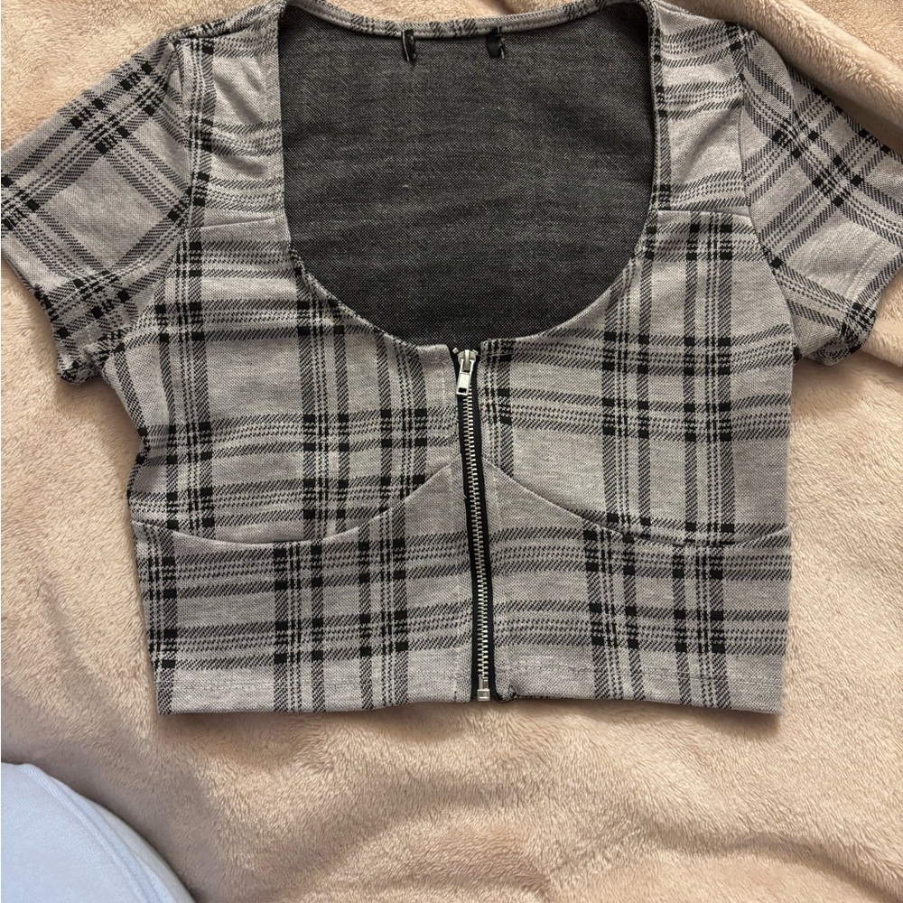 Plaid Cropped Top with Zipper